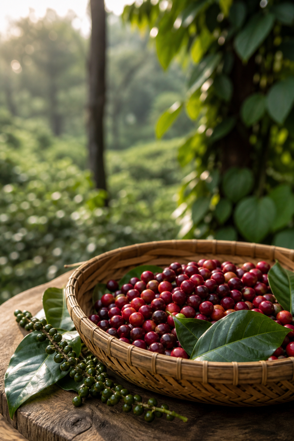 Coffee cherries and plantation harvest detail