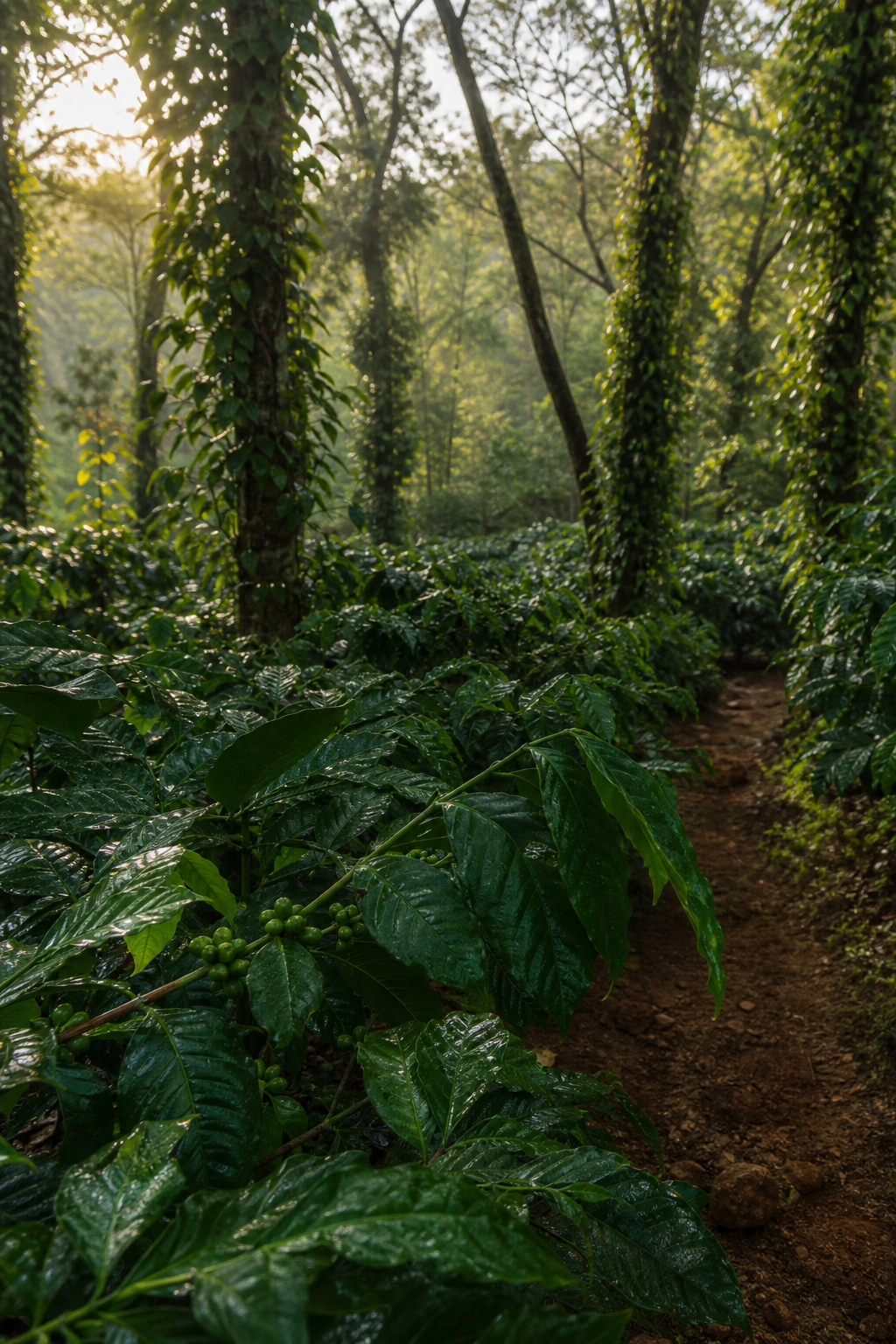 Coffee plants and pepper vines under shade trees